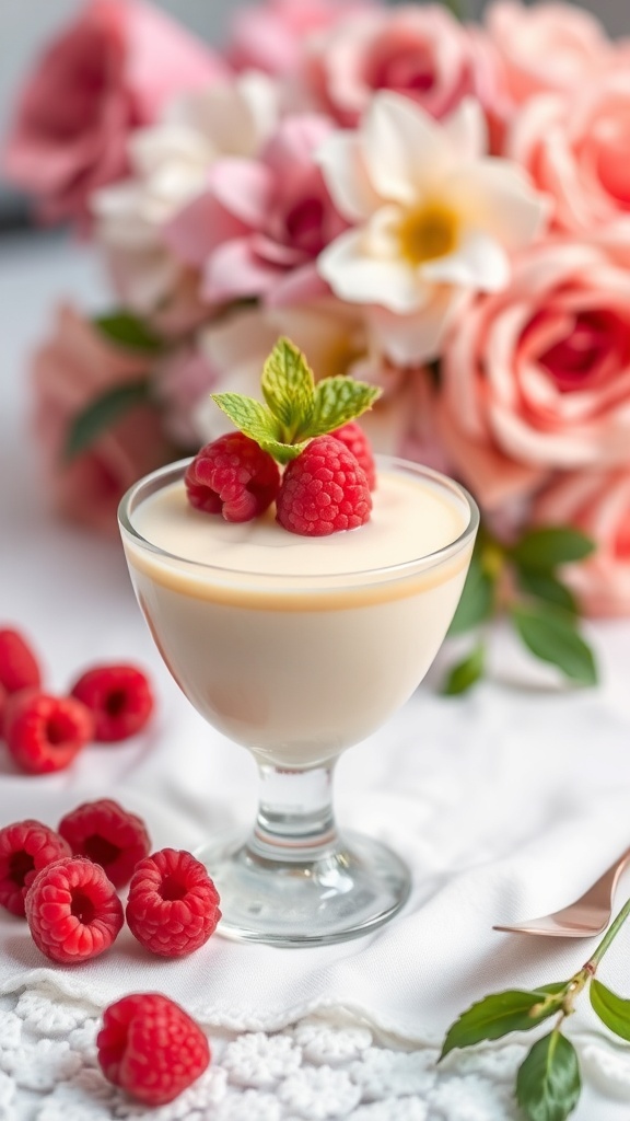 A glass of vanilla bean panna cotta topped with raspberries and mint leaves, surrounded by fresh raspberries and pink roses.