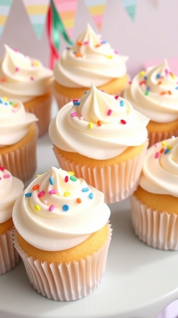 Light and fluffy vanilla cupcakes topped with white frosting and colorful sprinkles.