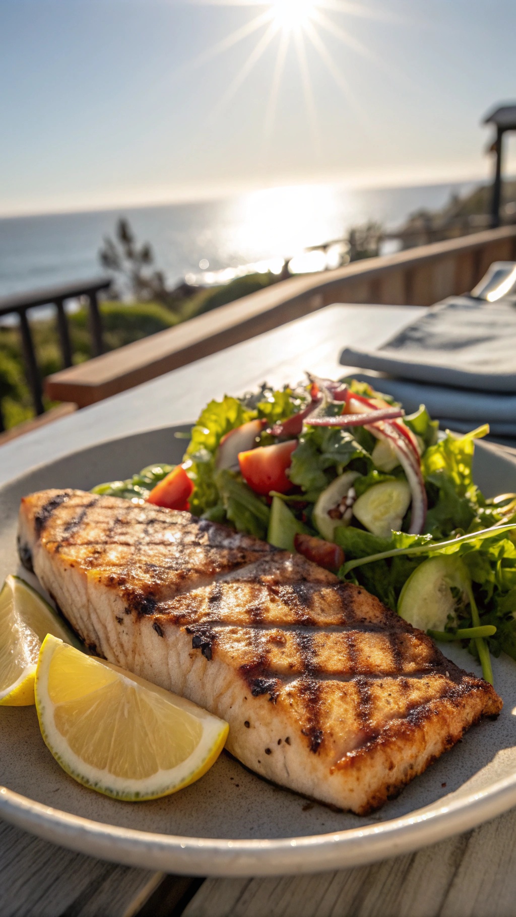 Grilled Mahi Mahi with salad and lemon slices on a plate, with a scenic ocean view in the background.