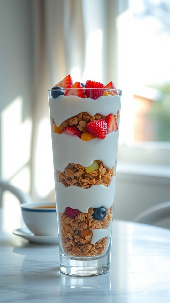 A tall glass filled with layers of yogurt, granola, and fresh berries.