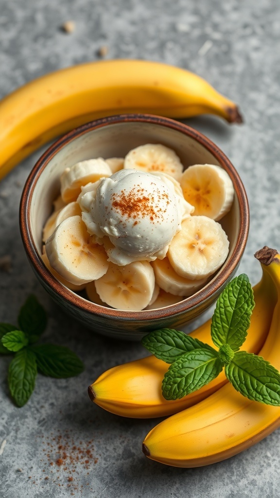 A bowl of banana ice cream topped with a scoop of vanilla ice cream, fresh banana slices, and mint leaves, with bananas in the background.