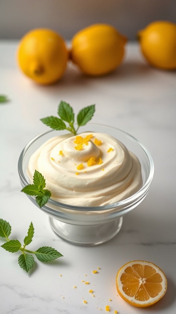 A bowl of light and creamy lemon mousse topped with lemon zest and mint leaves, with fresh lemons in the background.