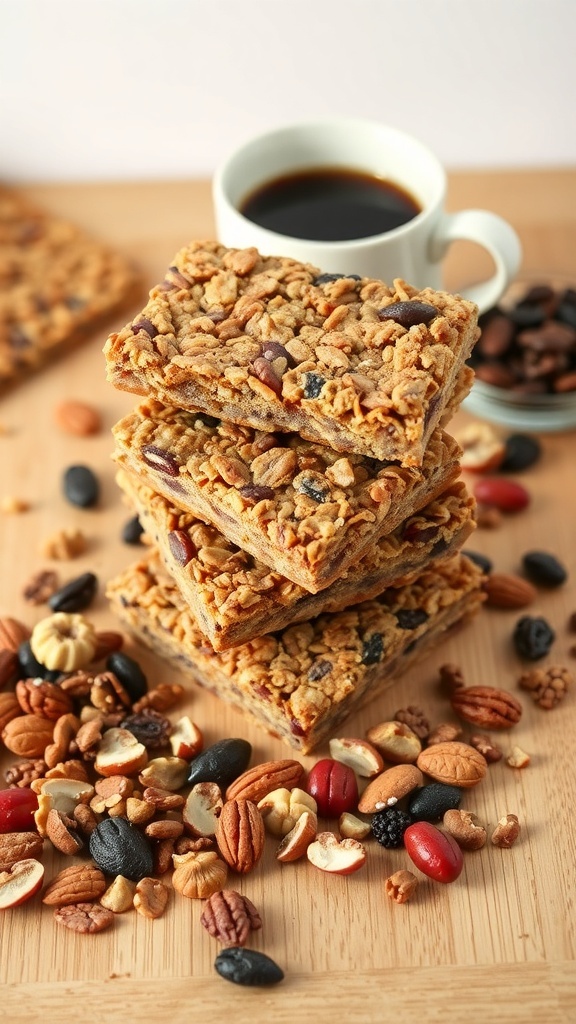 A stack of granola bars with nuts and a cup of coffee