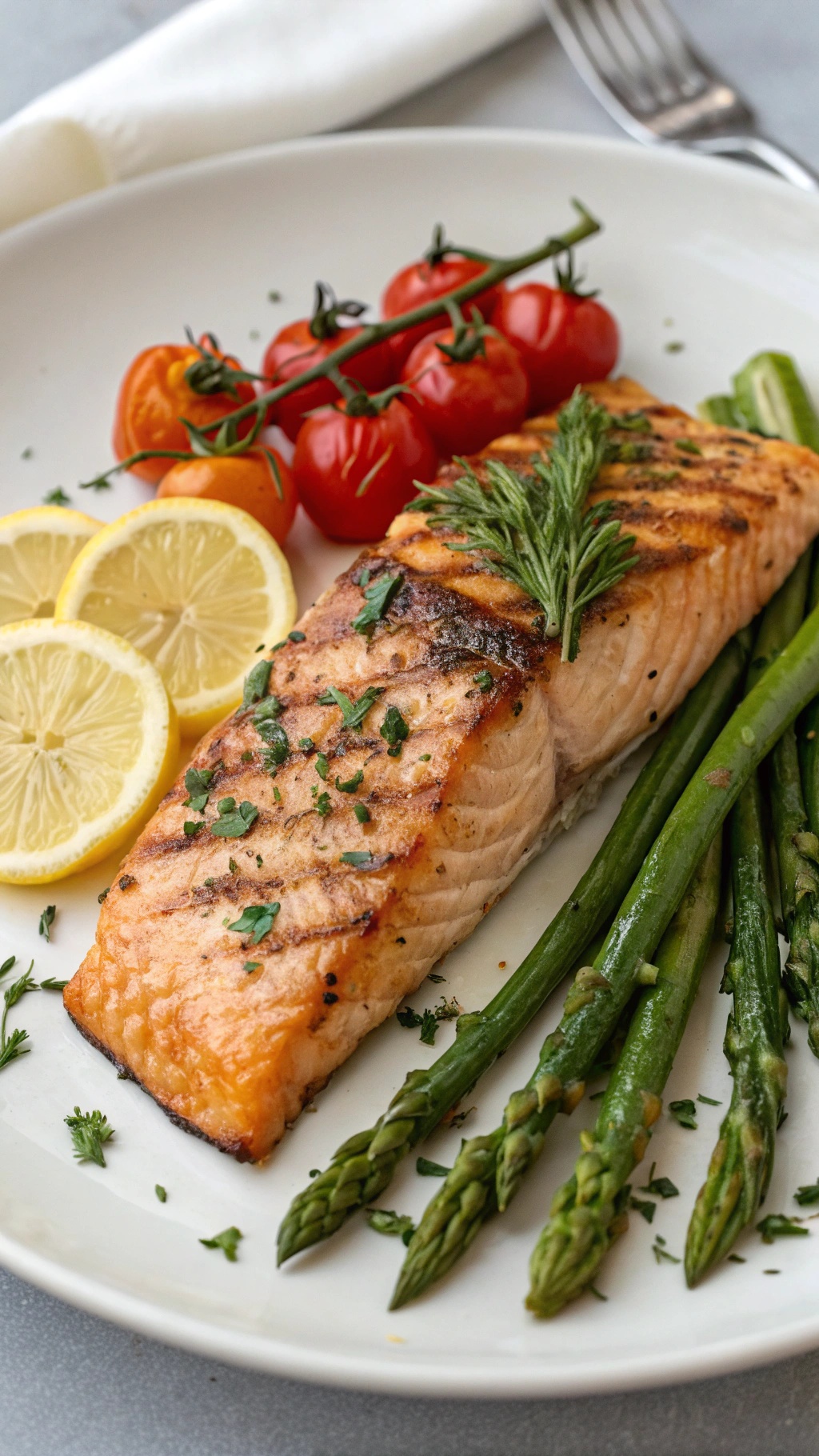 Grilled salmon fillet with lemon, asparagus, and cherry tomatoes on a plate