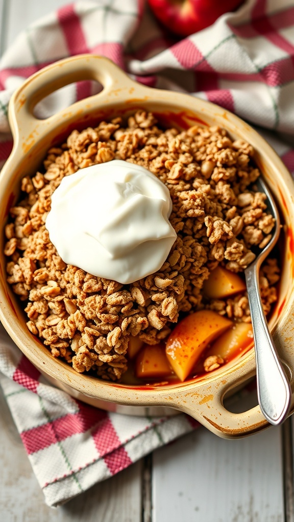A lightened-up apple crisp with oat topping and a dollop of yogurt, served in a baking dish.