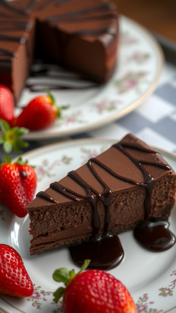 A slice of lightened-up chocolate cheesecake with chocolate drizzle and fresh strawberries on a decorative plate.