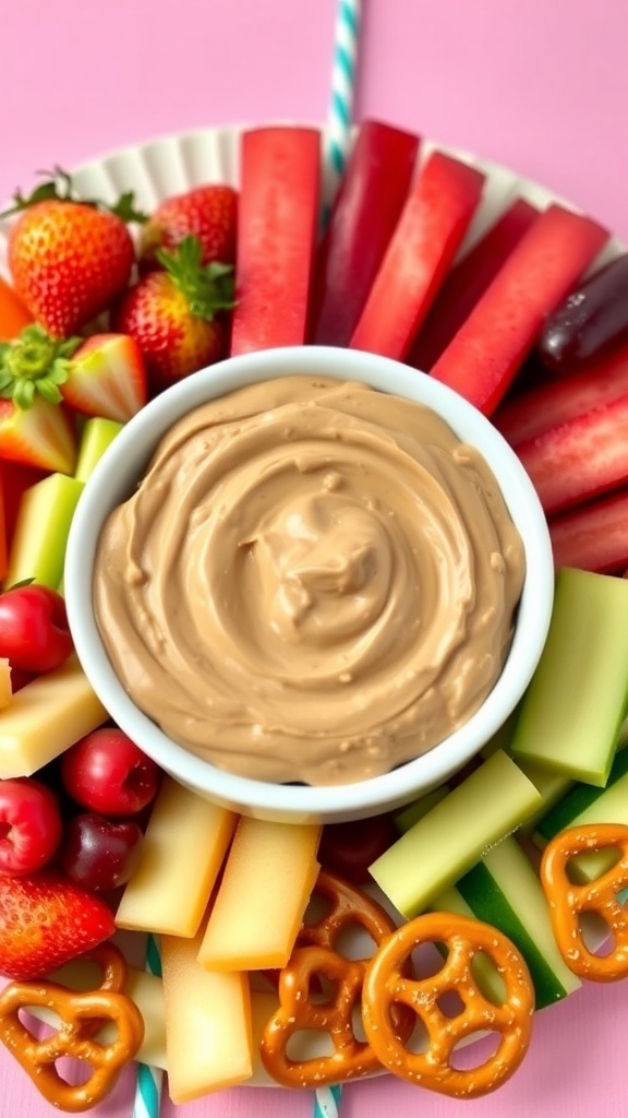 A bowl of creamy peanut butter chocolate dip surrounded by fresh fruits and pretzels.