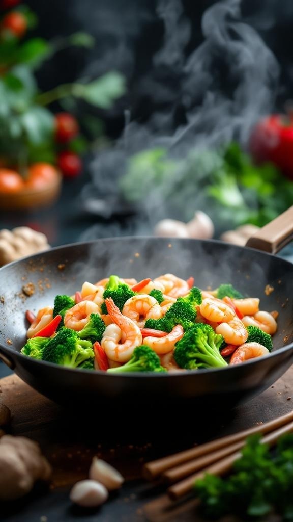 A colorful stir-fried shrimp and broccoli dish in a black wok, with steam rising and fresh ingredients in the background.
