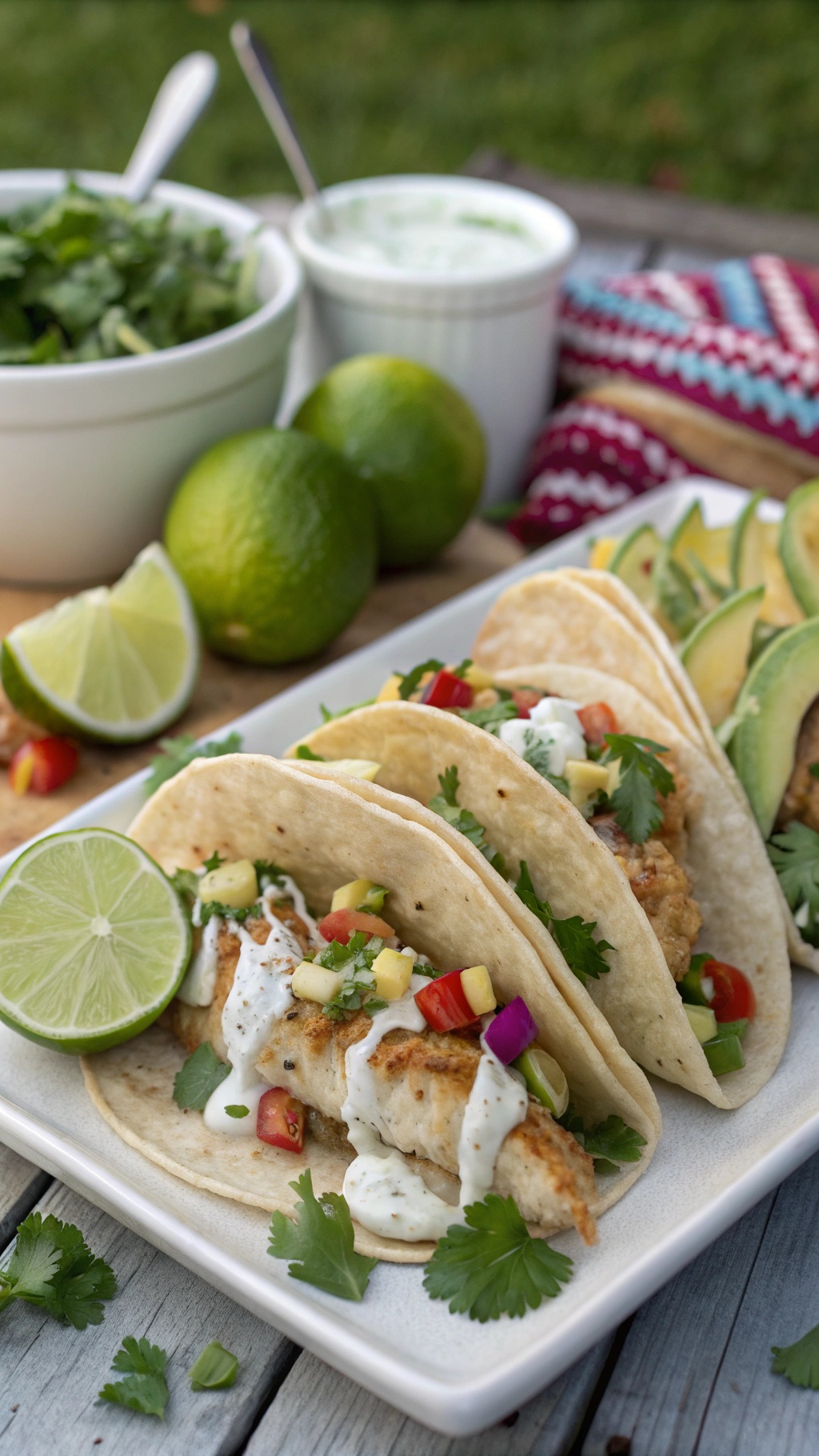 Lime and cilantro fish tacos with creamy dressing, garnished with lime and cilantro on a wooden table.