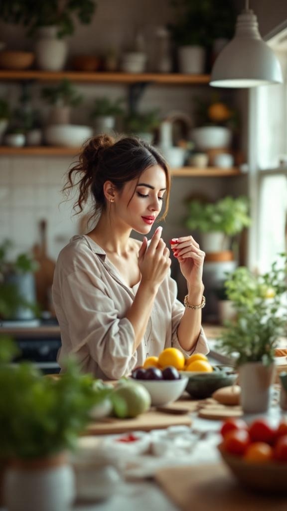 A woman applying lipstick in a cozy kitchen setting.