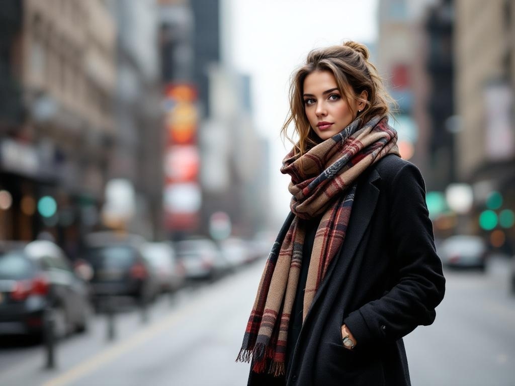A woman wearing a longline cardigan and a plaid scarf on a city street.