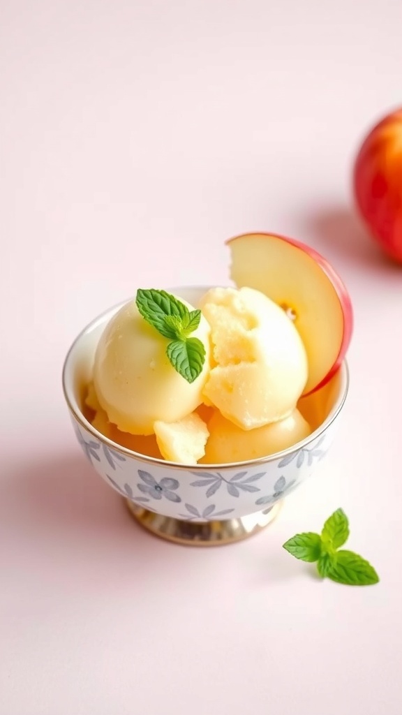 A bowl of apple sorbet garnished with mint and a slice of apple.