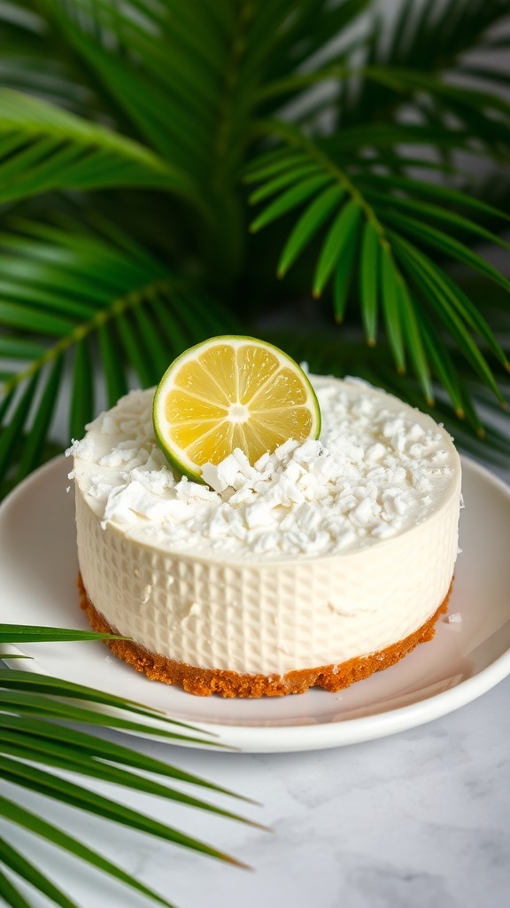 A slice of low-calorie coconut cheesecake topped with shredded coconut and a lime slice, surrounded by green palm leaves.