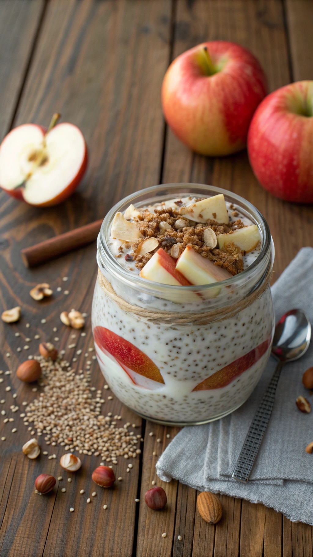 A jar of low-sugar apple chia seed pudding topped with apple slices and granola, surrounded by fresh apples and nuts on a wooden table.