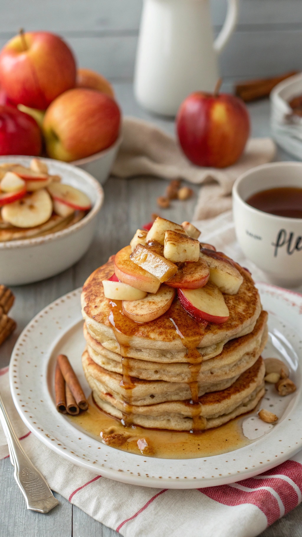 A stack of low-sugar apple pancakes topped with sliced apples and syrup, surrounded by fresh apples and cinnamon sticks.