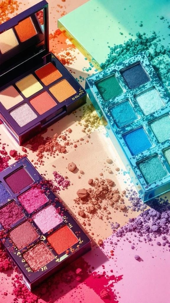 Colorful eyeshadow palettes with vibrant shades on a colorful background.