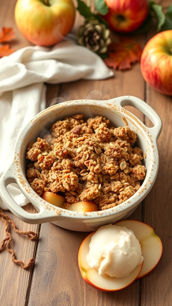 A warm apple crisp with oat topping served in a dish, with fresh apples and a scoop of ice cream on the side.