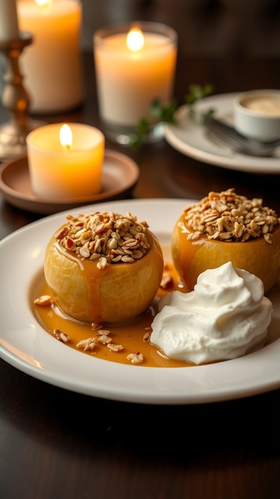 Baked apples topped with oats and nuts, served with whipped cream and honey, surrounded by candles.