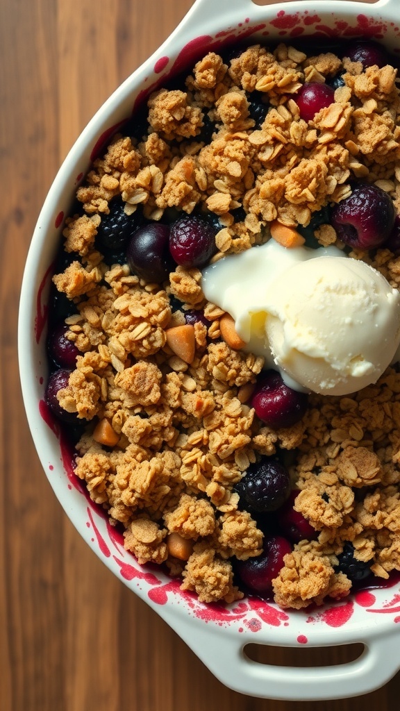 A delicious berry crumble topped with a scoop of ice cream, served in a white dish.