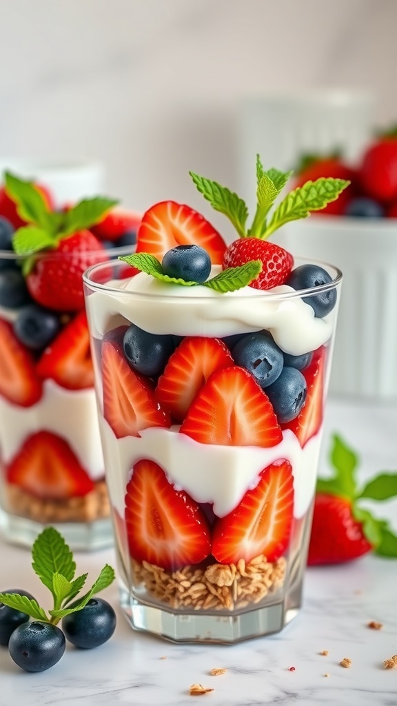Berry yogurt parfaits with layers of granola, yogurt, strawberries, and blueberries in clear glasses.