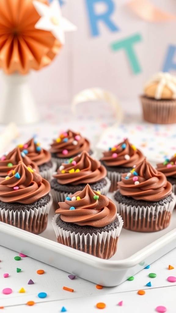 Delicious chocolate protein cupcakes topped with colorful sprinkles on a white platter.