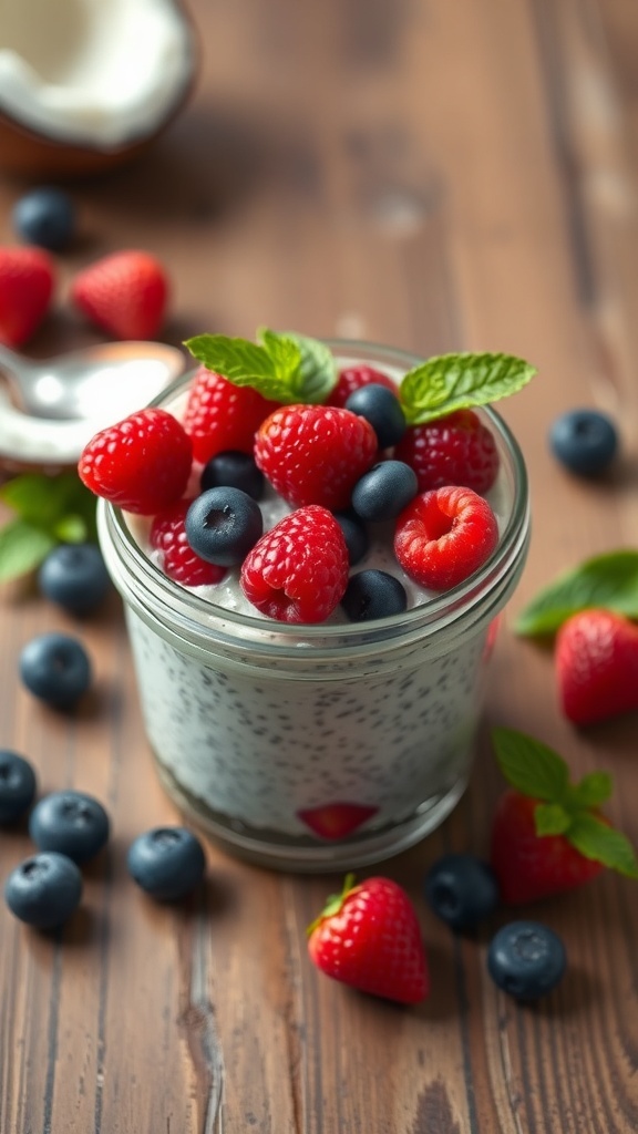 A jar of coconut chia pudding topped with fresh raspberries and blueberries, garnished with mint leaves.