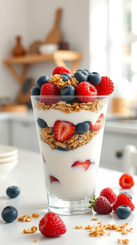 A Greek yogurt parfait layered with granola and fresh berries in a clear glass.