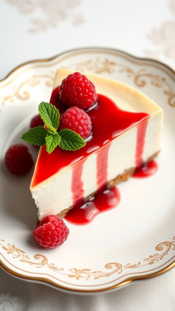 A slice of keto cheesecake topped with raspberry sauce and fresh berries on a decorative plate.