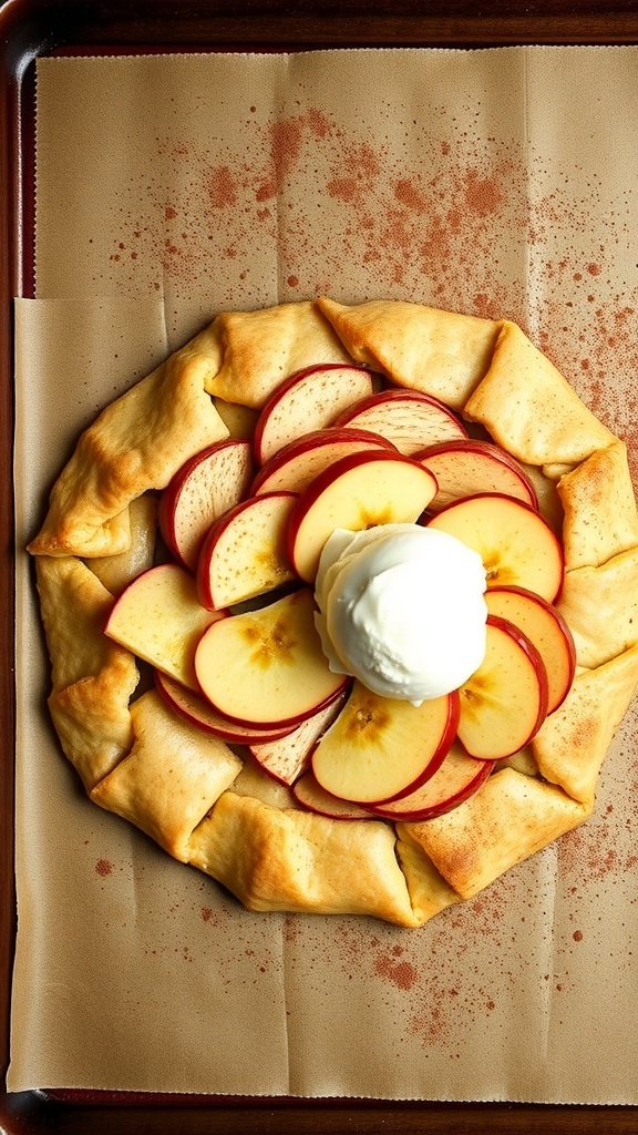 Low-carb apple galette with sliced apples and a scoop of ice cream on top
