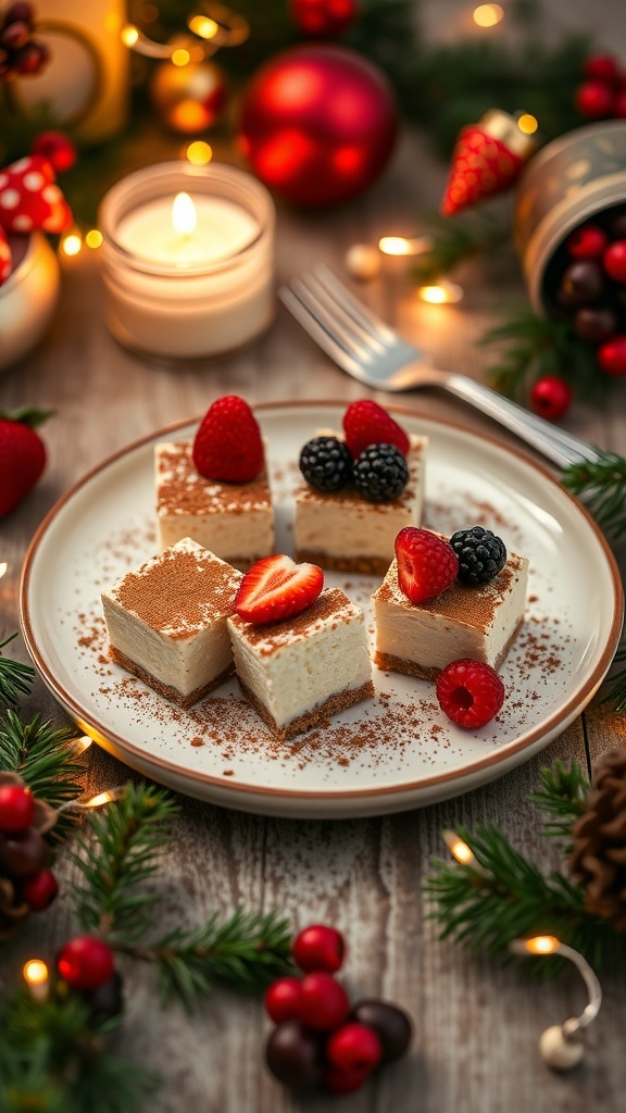 A plate of low-carb cheesecake bites topped with fresh berries, surrounded by holiday decorations.