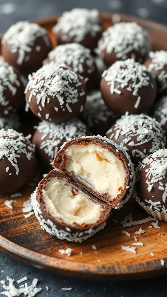 A plate of chocolate coconut truffles, some whole and some cut in half, showing the creamy filling inside.