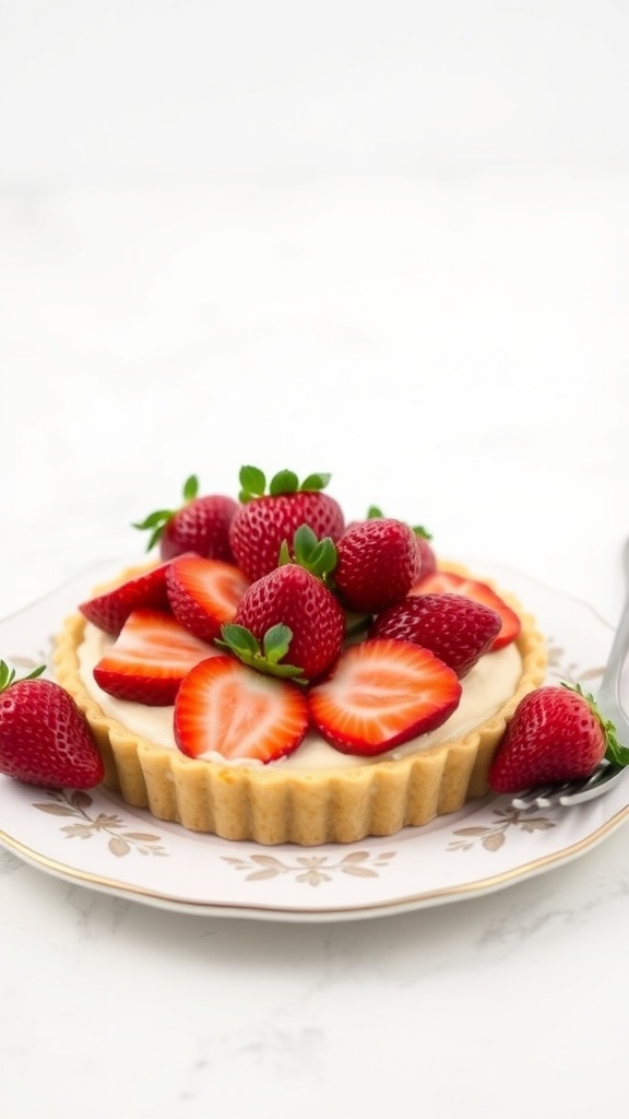 A beautifully arranged low-carb strawberry tart topped with fresh strawberries on a decorative plate.