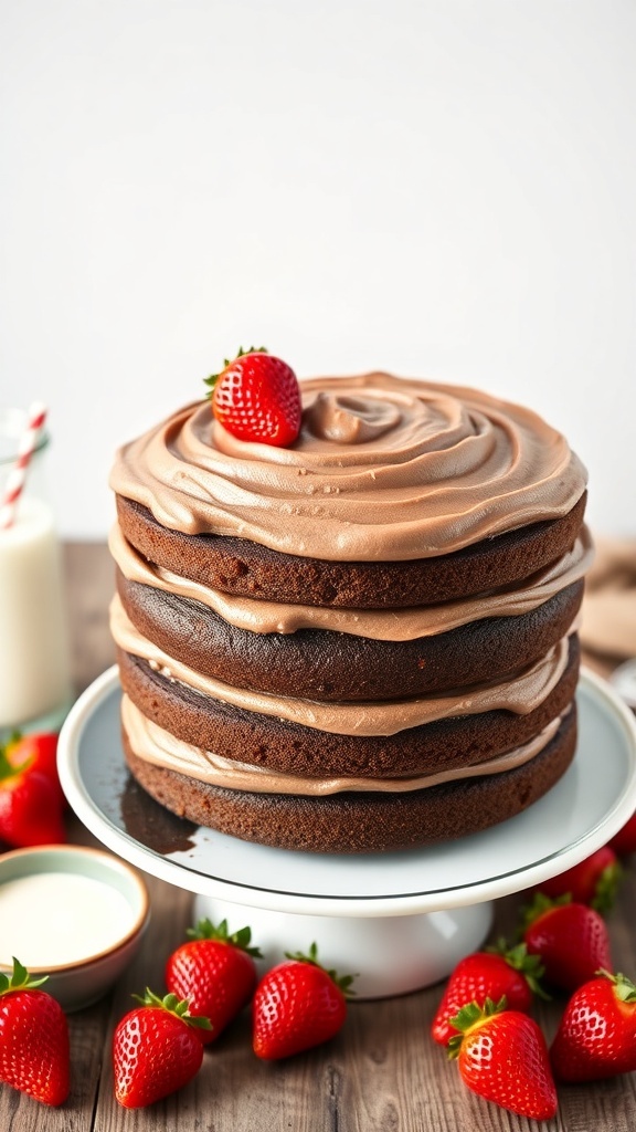 A delicious low-sugar chocolate cake layered with frosting and topped with a strawberry.