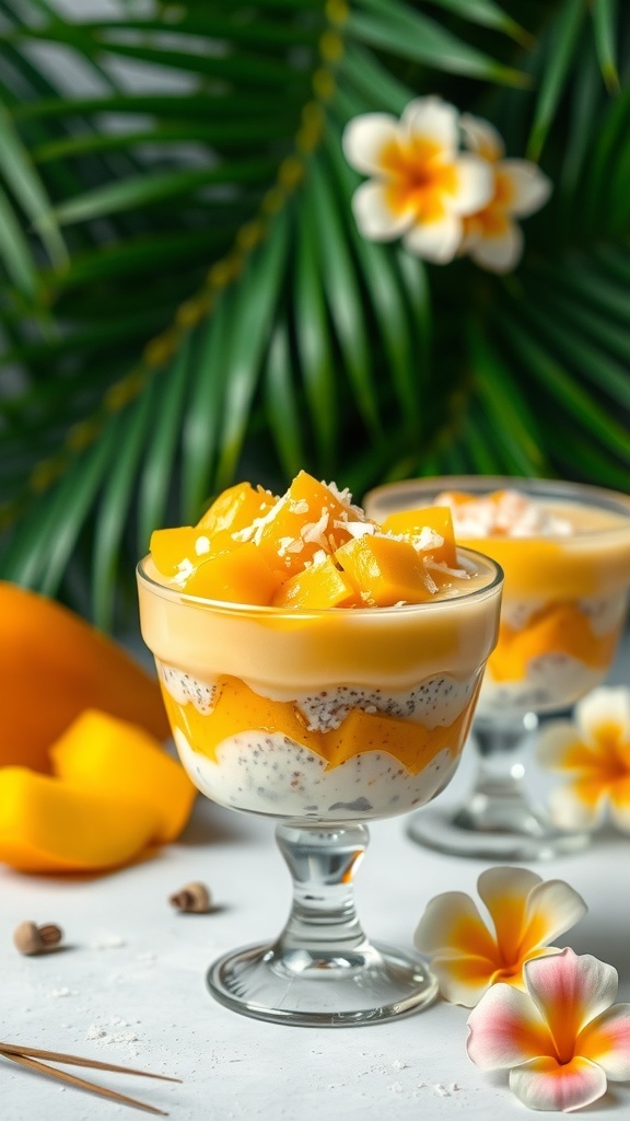 A beautiful glass of mango coconut chia pudding topped with fresh mango chunks and coconut, surrounded by tropical leaves and flowers.
