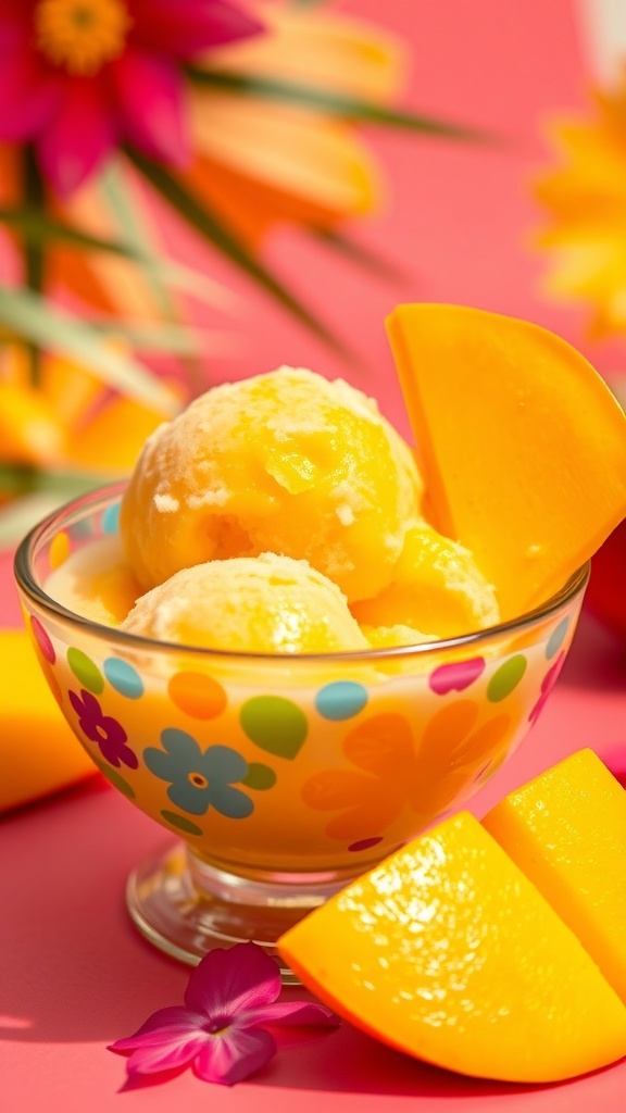 A colorful bowl of mango coconut sorbet garnished with mint and fresh mango slices.