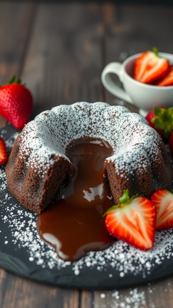 A no-bake chocolate lava cake with a gooey center, garnished with strawberries and powdered sugar.