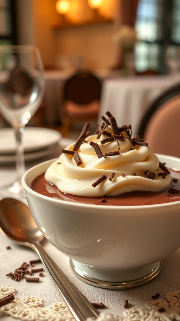 A bowl of peanut butter chocolate pudding topped with whipped cream and chocolate shavings.