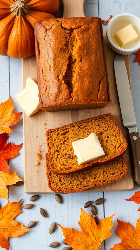 A loaf of pumpkin bread with slices, butter on top, surrounded by autumn leaves and a small pumpkin.