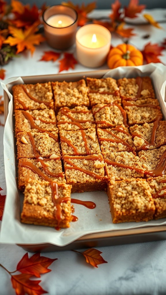 Delicious pumpkin pie bars topped with caramel and surrounded by autumn leaves and candles.