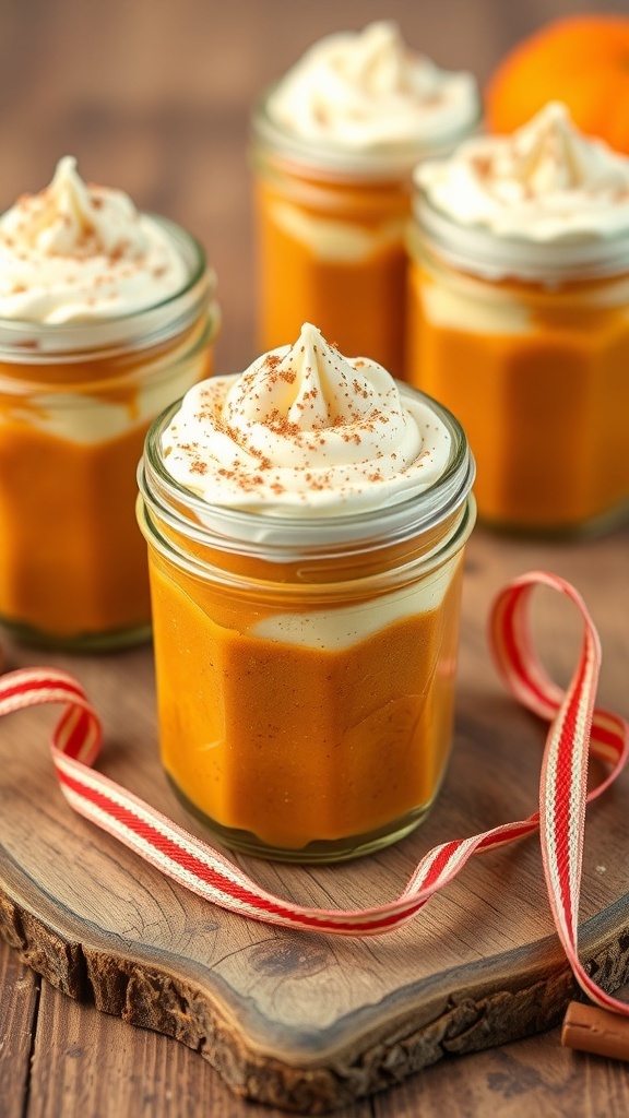 Four jars of pumpkin pie filling topped with whipped cream and cinnamon, placed on a wooden board with a festive ribbon.
