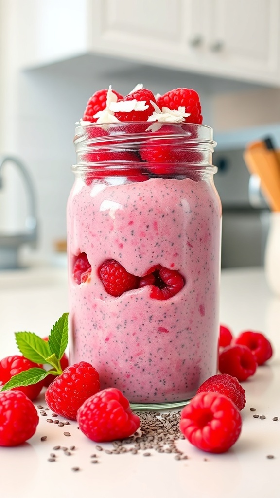 A jar of raspberry chia pudding topped with fresh raspberries and coconut flakes, surrounded by more raspberries and chia seeds.