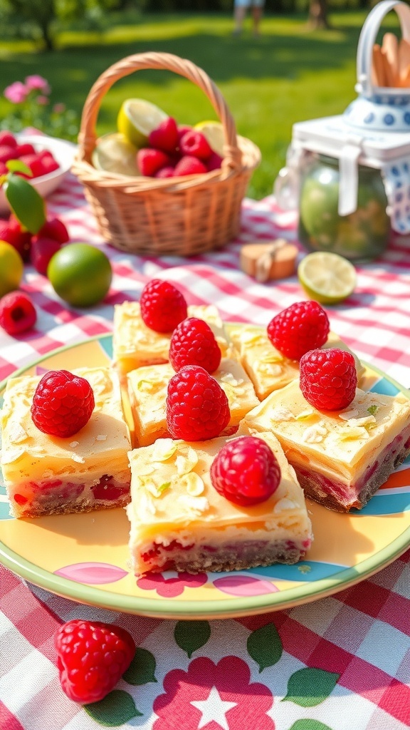 A plate of raspberry lime bars garnished with fresh raspberries, surrounded by a basket of limes and lemons.