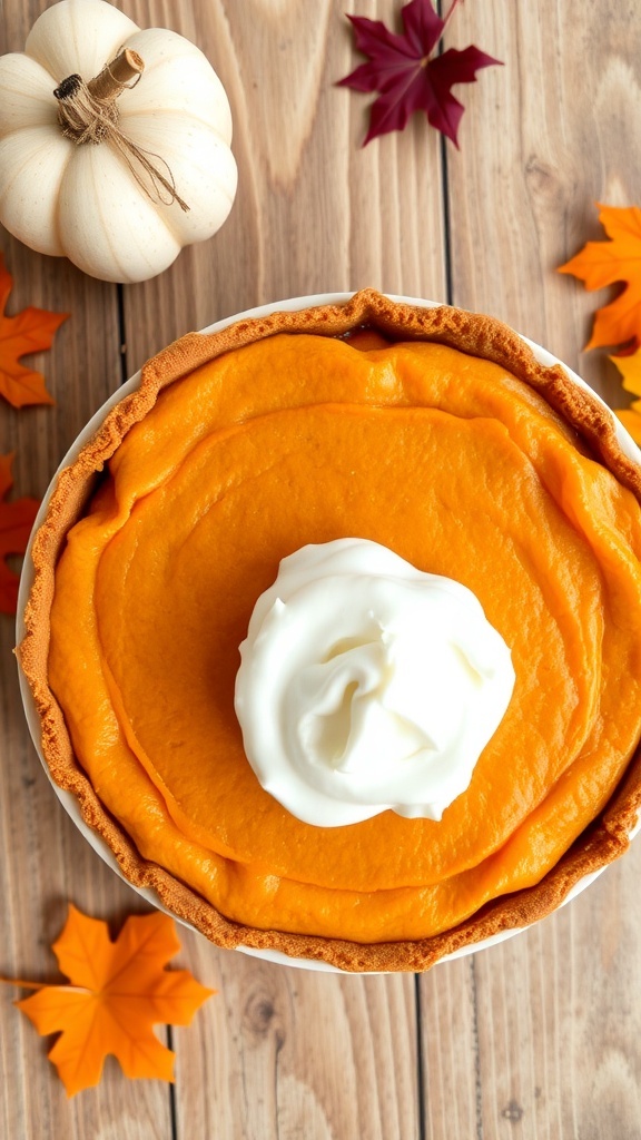 A slice of sweet potato pie topped with whipped cream, surrounded by pumpkins and autumn leaves.