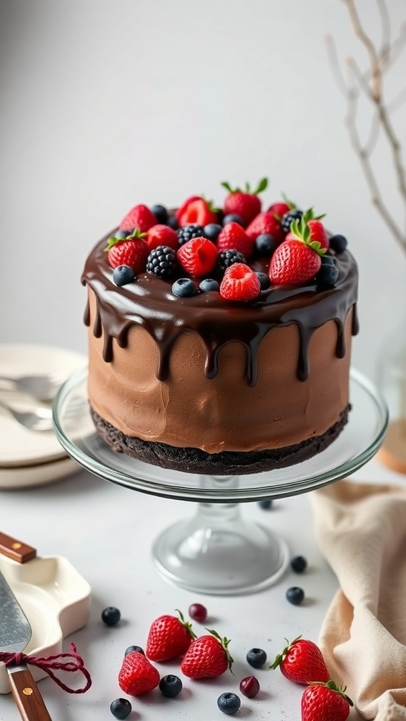 A beautifully decorated vegan chocolate cake topped with fresh berries.