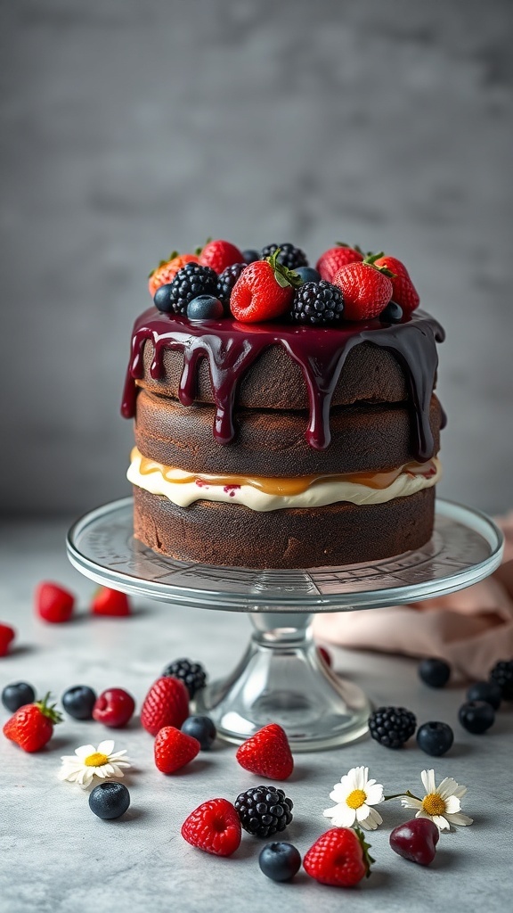 A beautiful vegan chocolate cake topped with fresh berries and chocolate ganache.