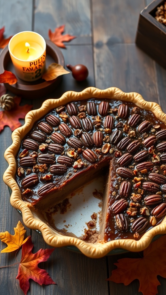A vegan pecan pie topped with pecans, surrounded by autumn leaves and a candle.