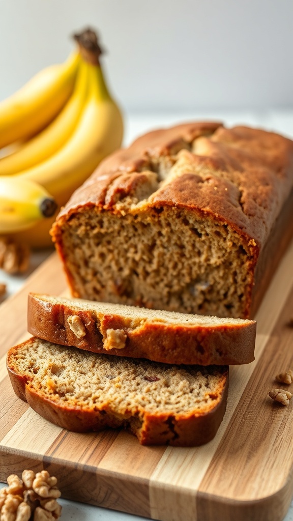 A loaf of banana bread sliced on a wooden board with bananas in the background.