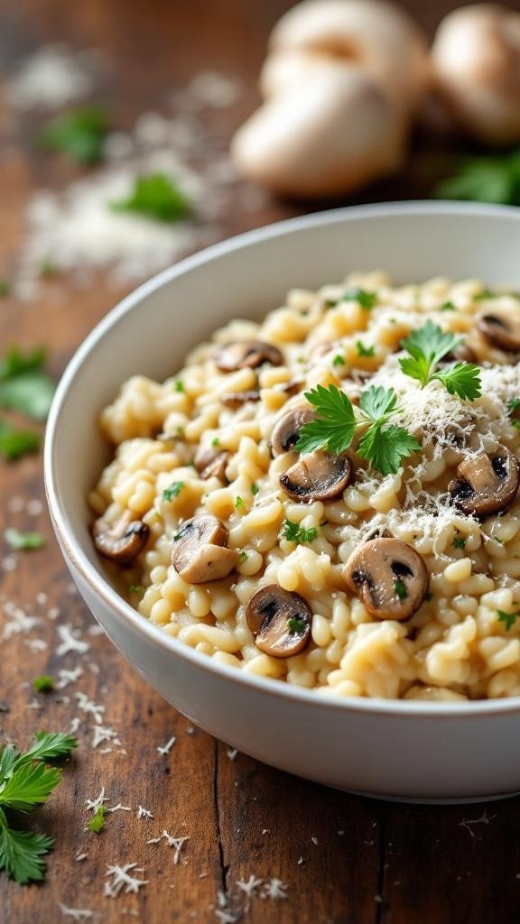 A bowl of creamy mushroom risotto topped with parsley and mushrooms, set on a rustic wooden table.