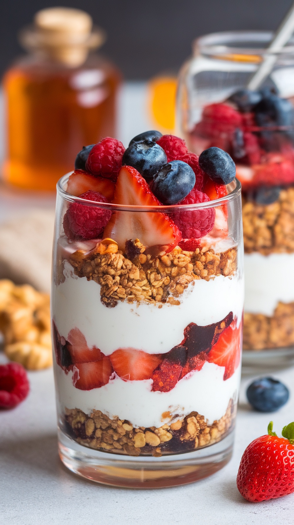 A glass of yogurt layered with granola and fresh berries, topped with honey.