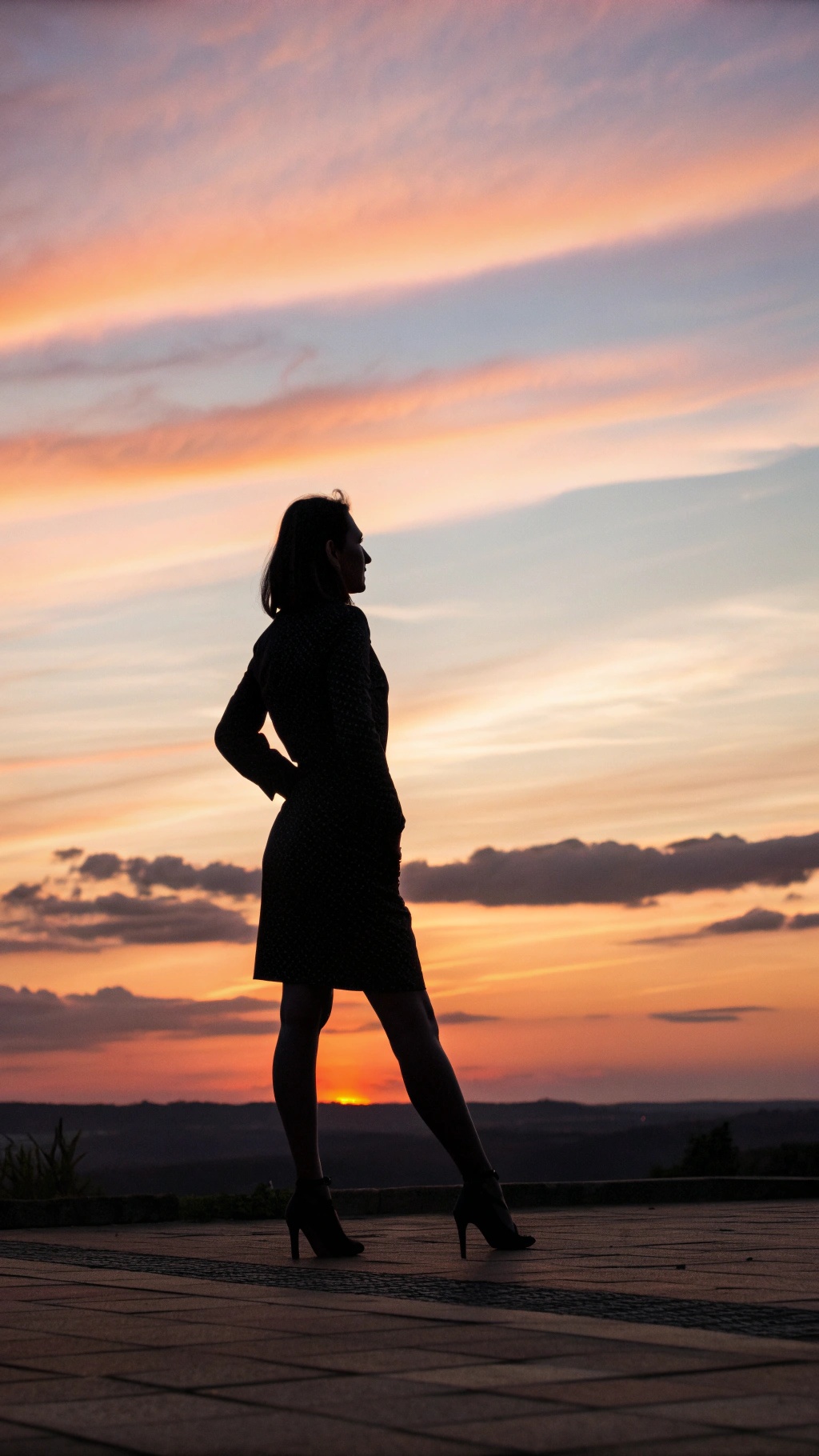 Silhouette of a woman in heels against a colorful sunset, demonstrating good posture.